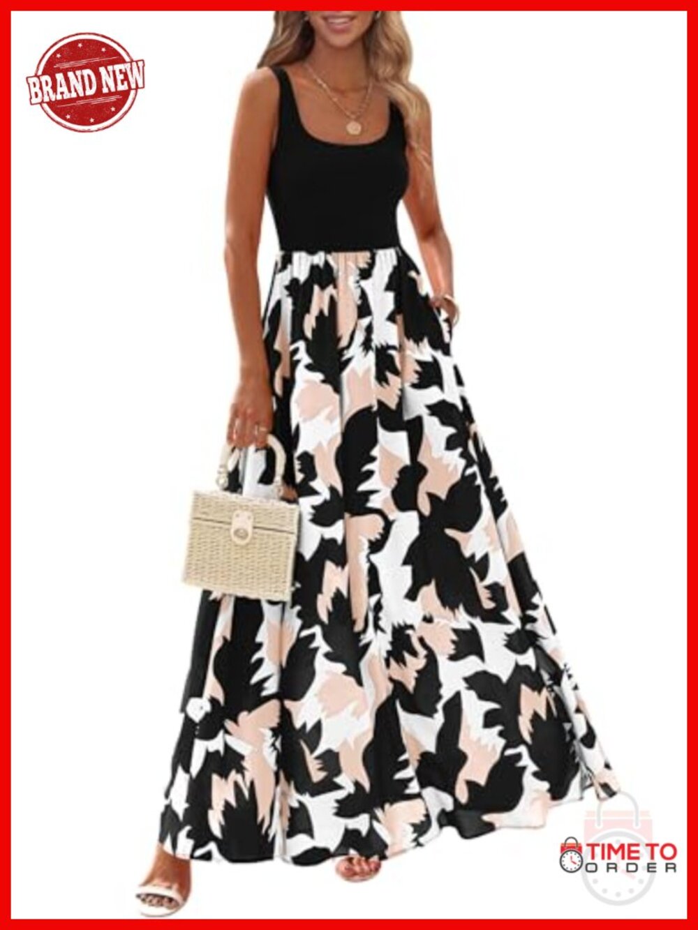 Women's Floral Maxi Dress Boho Sleeveless Scoop Neck Ruffle Sundress